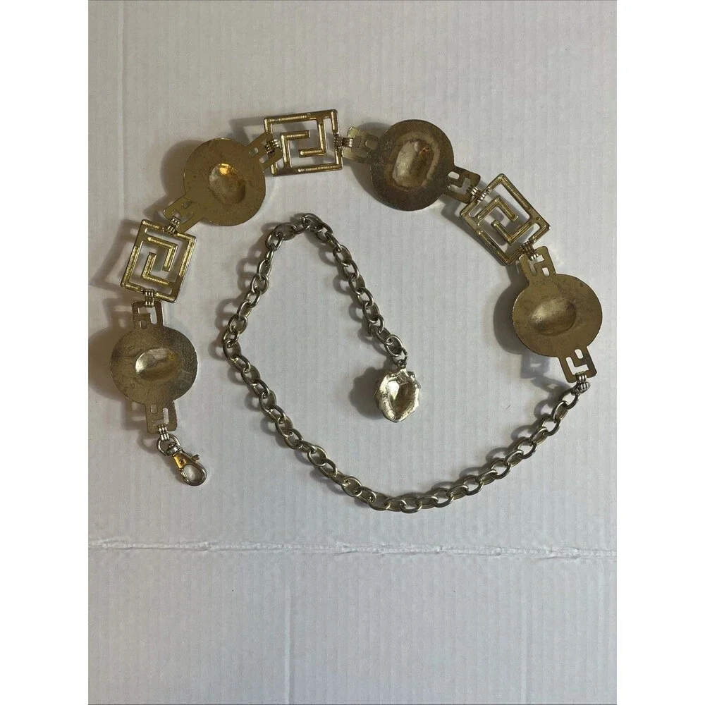 Lion Head Medallion Belt 42 In Gold Tone Chain Link Greek Key Chunky 80s Korea